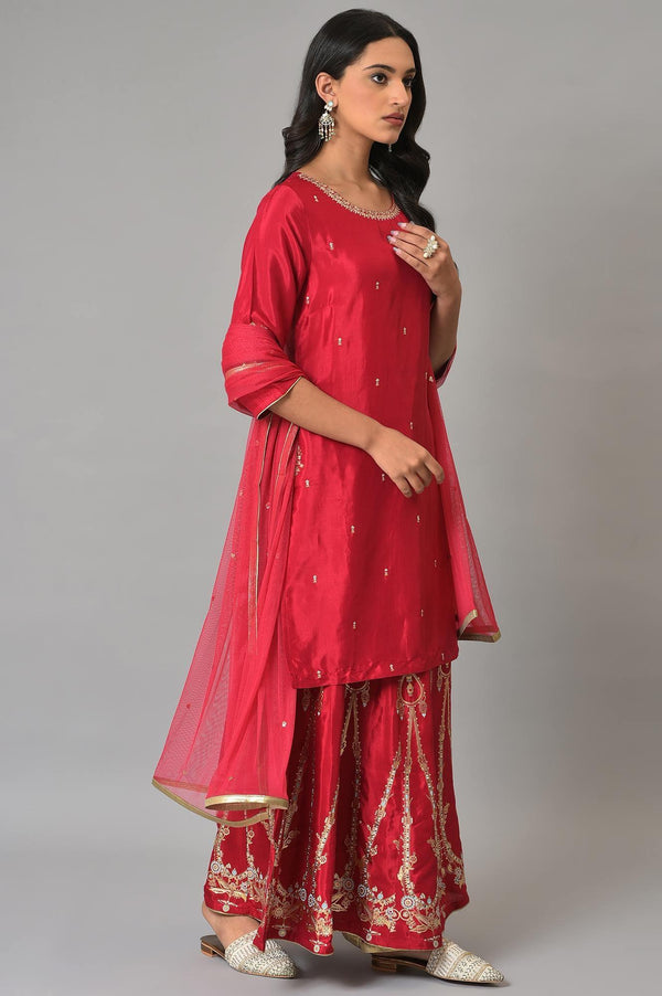 Red Embroidered Festive kurta With Culottes And Mesh Dupatta