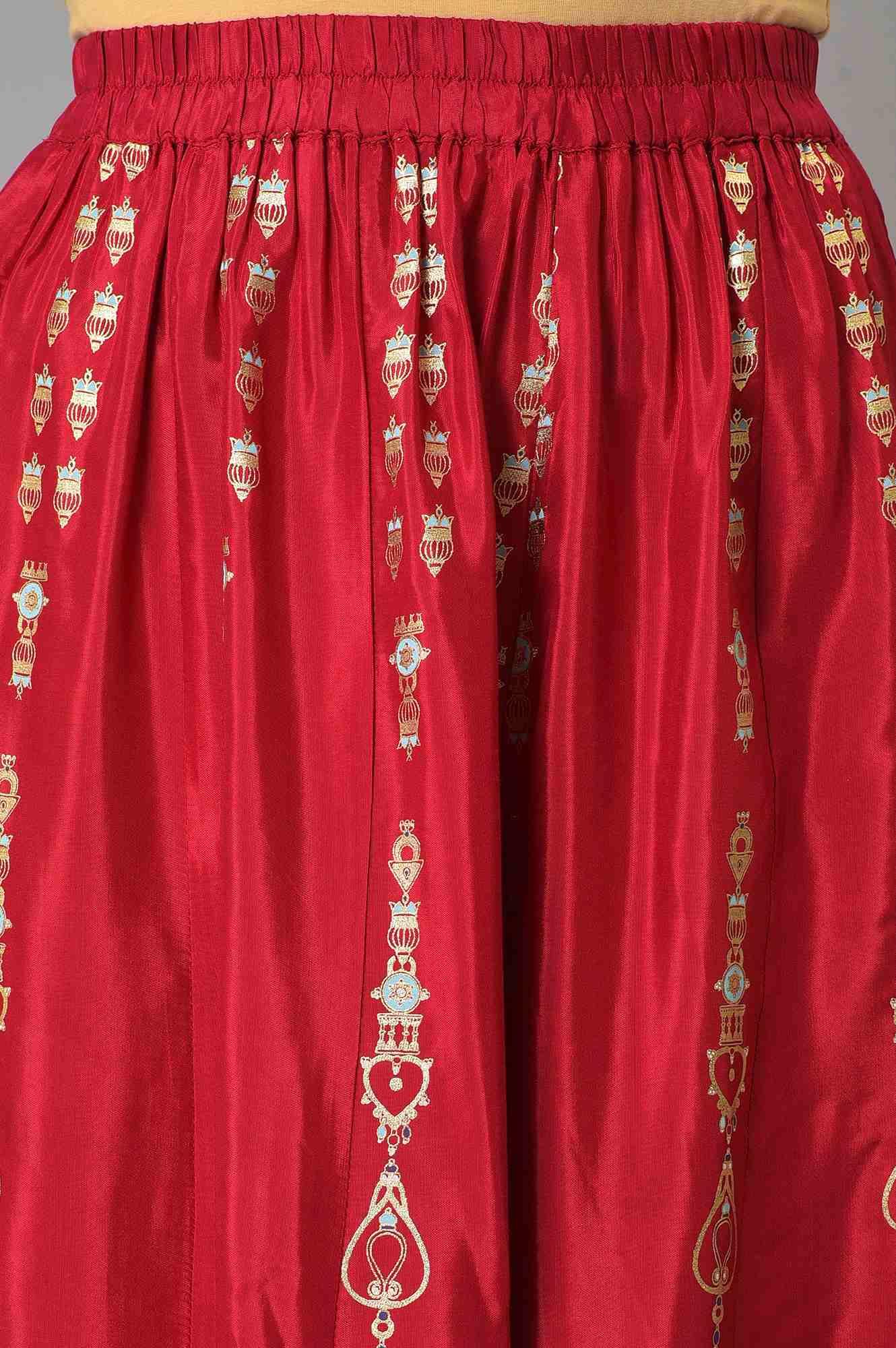 Red Embroidered Festive kurta With Culottes And Mesh Dupatta - wforwoman