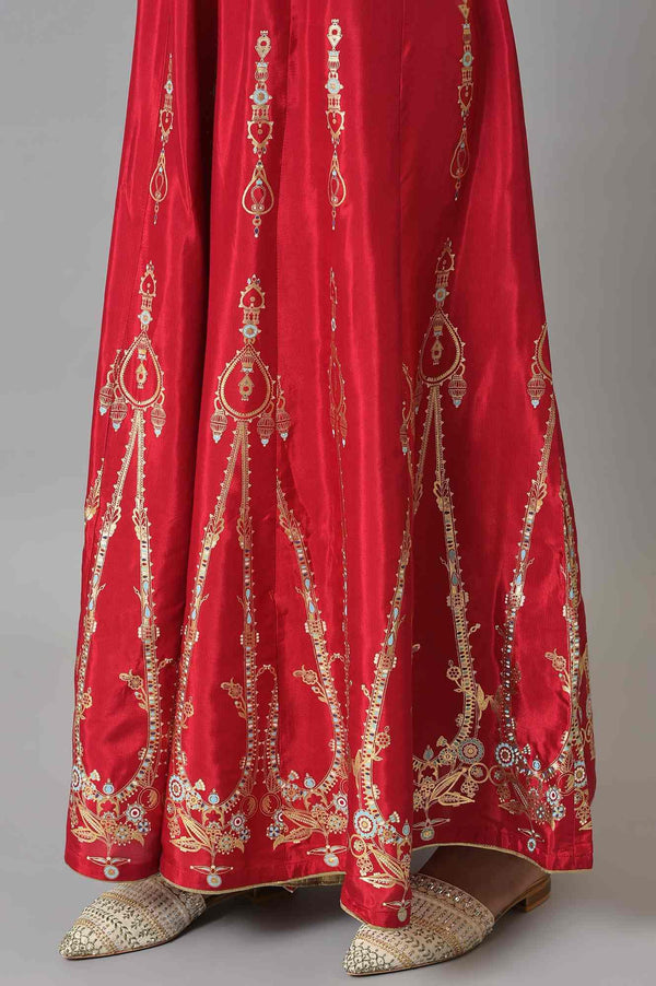 Red Embroidered Festive kurta With Culottes And Mesh Dupatta