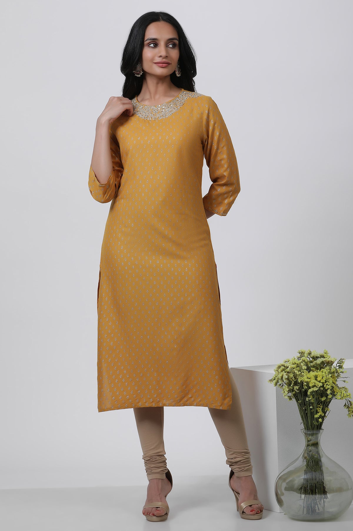 Yellow Embroidered Kurta And Churidar Set - S