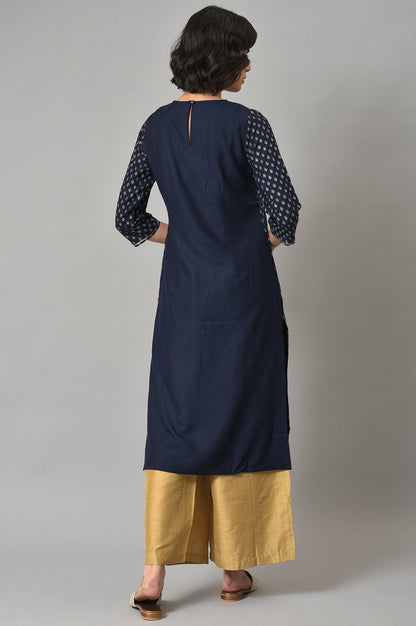Navy Blue Embroidered kurta With Golden Parallel Pants - wforwoman