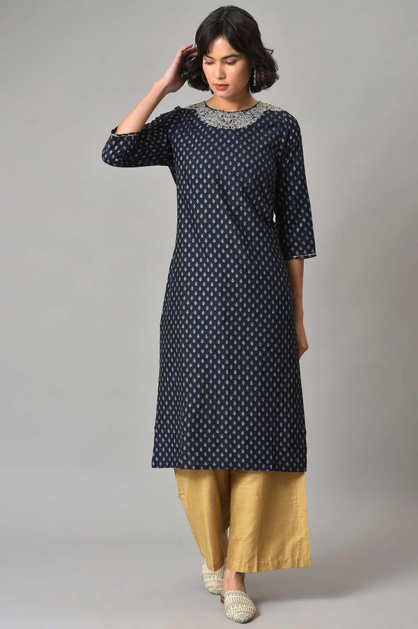 Navy Blue Embroidered kurta With Golden Parallel Pants