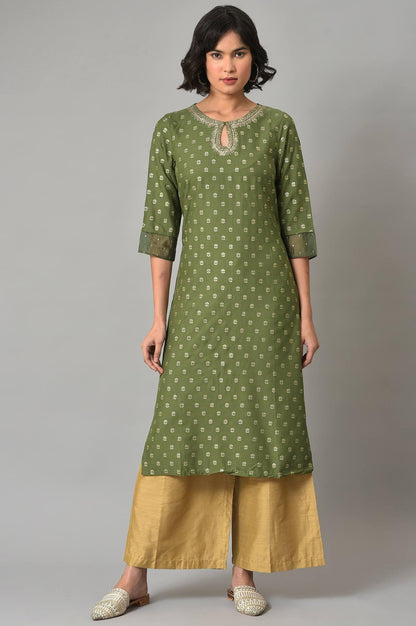 Olive Green Embroidered kurta With Gold Parallel Pants - wforwoman