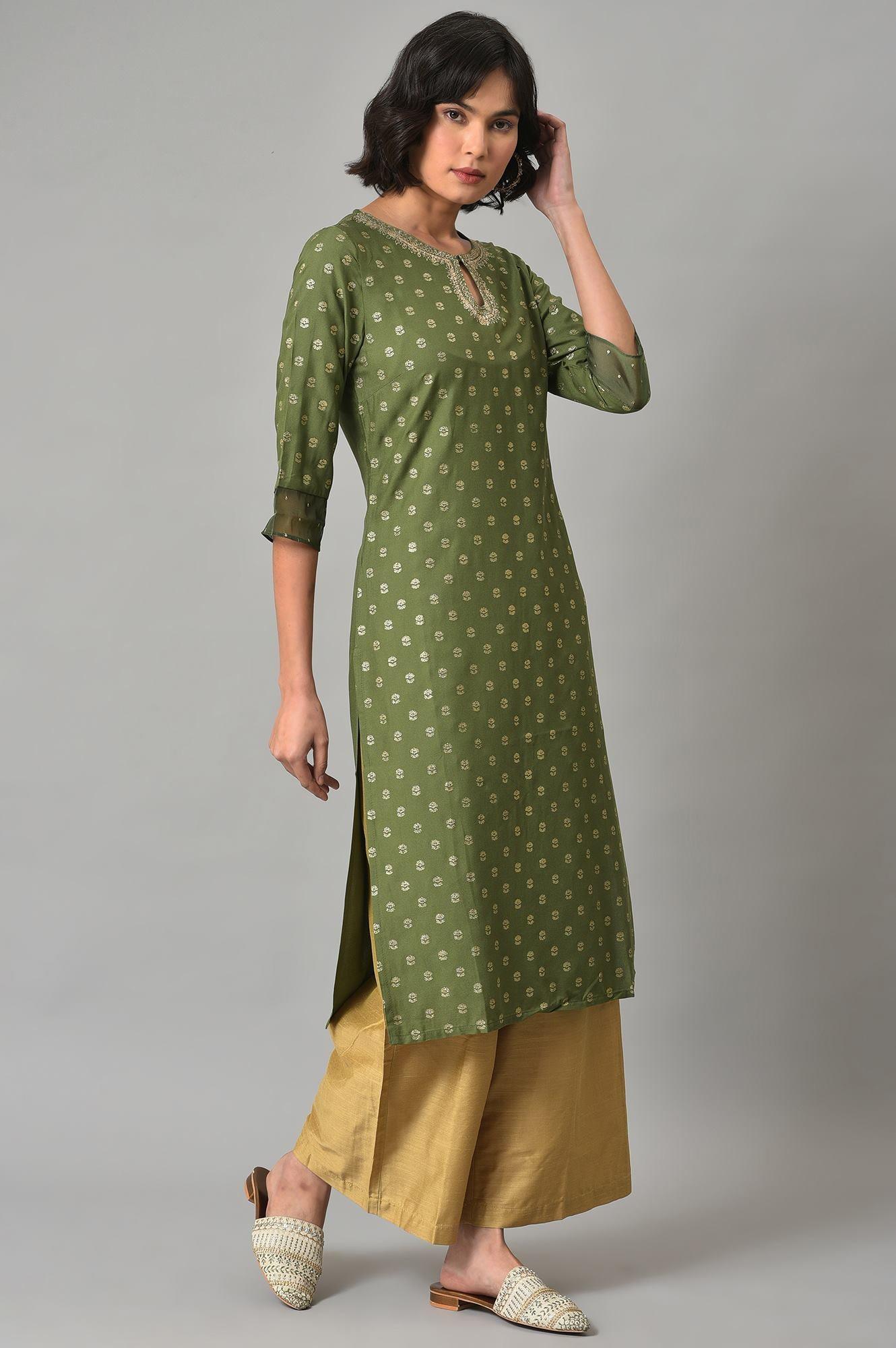 Olive Green Embroidered kurta With Gold Parallel Pants - wforwoman