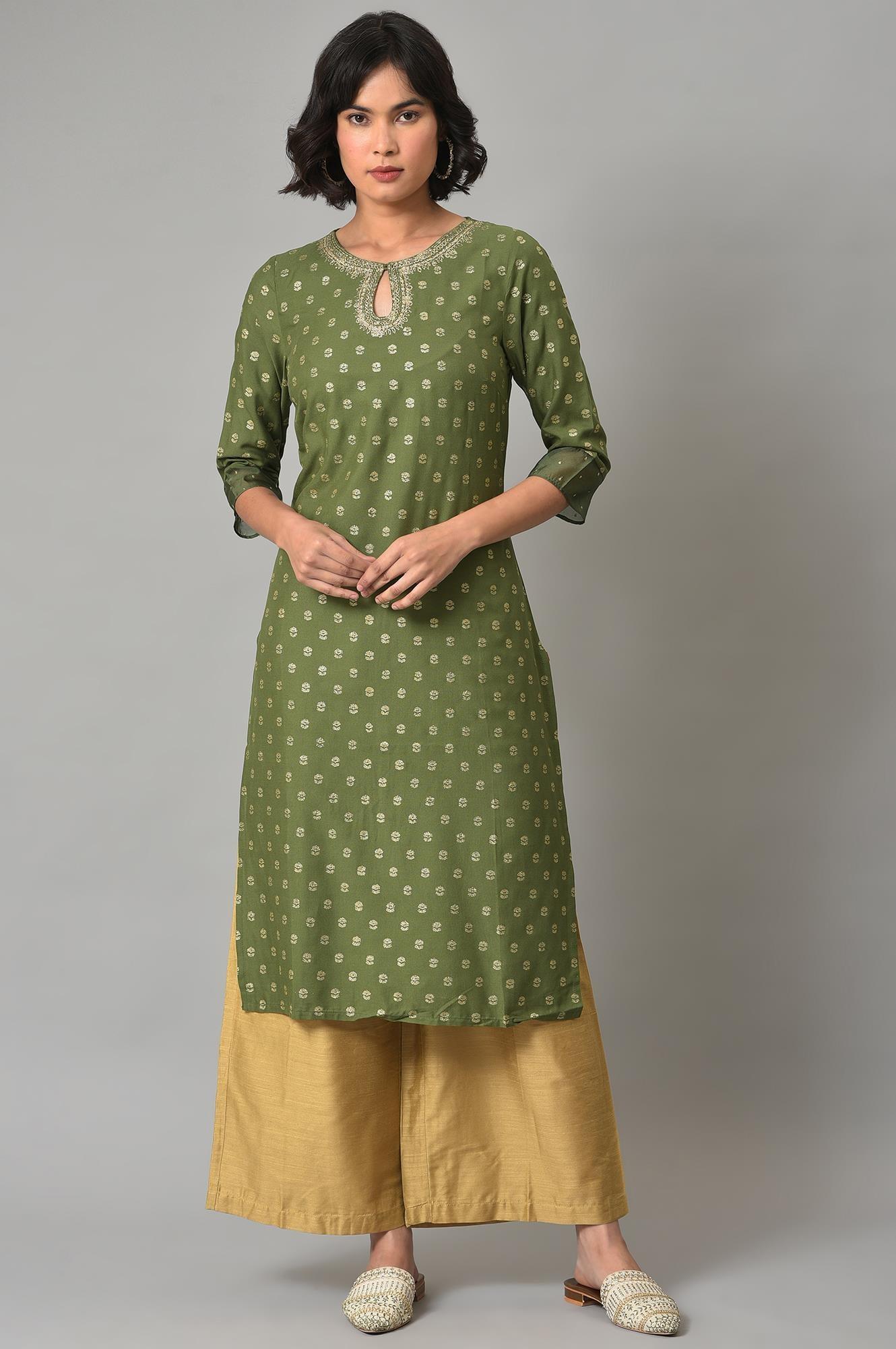 Buy Olive Green Embroidered Viscose Blend Kurta with Gold Parallel Pants Set Online for Woman | WforWoman Buy Olive Green Embroidered Viscose Blend Kurta with Gold Parallel Pants Set Online for Woman | WforWoman