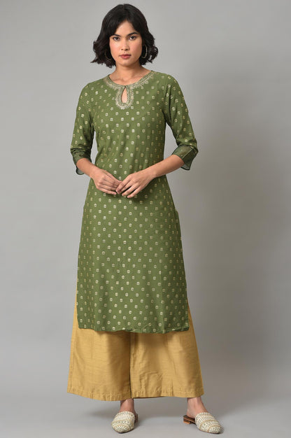 Olive Green Embroidered kurta With Gold Parallel Pants - wforwoman