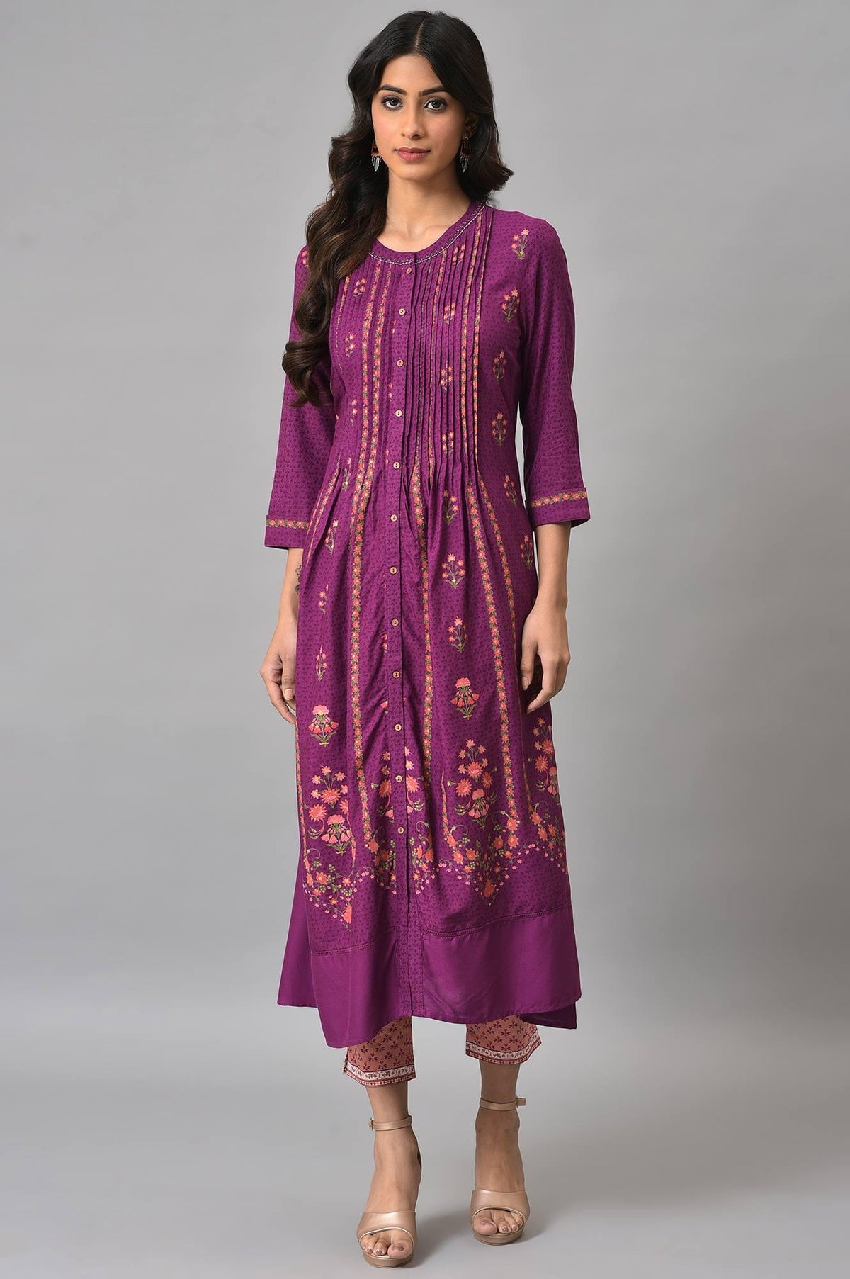 Dark Purple Floral Button Down Dress With Printed Slim Pants - XS