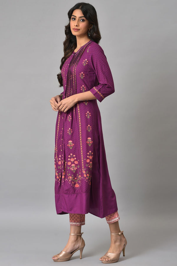 Dark Purple Floral Button Down Dress With Printed Slim Pants