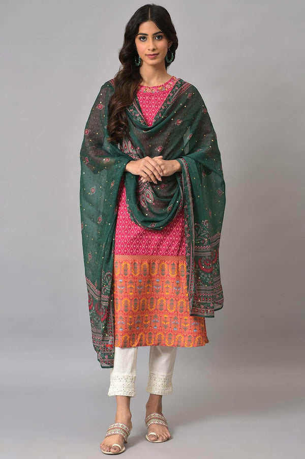 Dark Pink Boat Neck Embroidered kurta With Ecru Slim Pants And Green Printed Dupatta