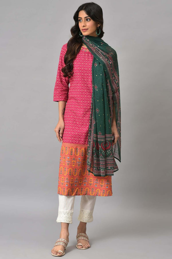 Dark Pink Boat Neck Embroidered kurta With Ecru Slim Pants And Green Printed Dupatta