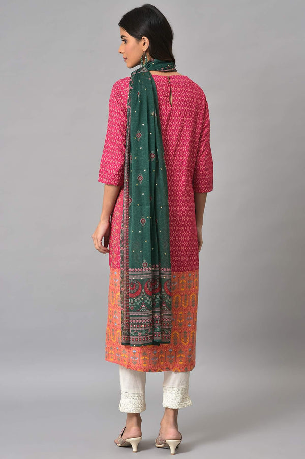 Dark Pink Boat Neck Embroidered kurta With Ecru Slim Pants And Green Printed Dupatta