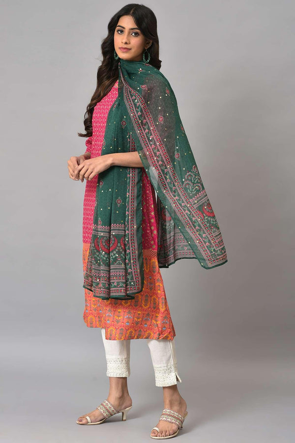 Dark Pink Boat Neck Embroidered kurta With Ecru Slim Pants And Green Printed Dupatta