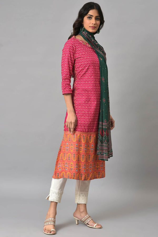 Dark Pink Boat Neck Embroidered kurta With Ecru Slim Pants And Green Printed Dupatta