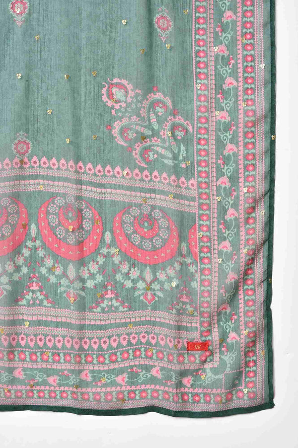 Dark Pink Boat Neck Embroidered kurta With Ecru Slim Pants And Green Printed Dupatta