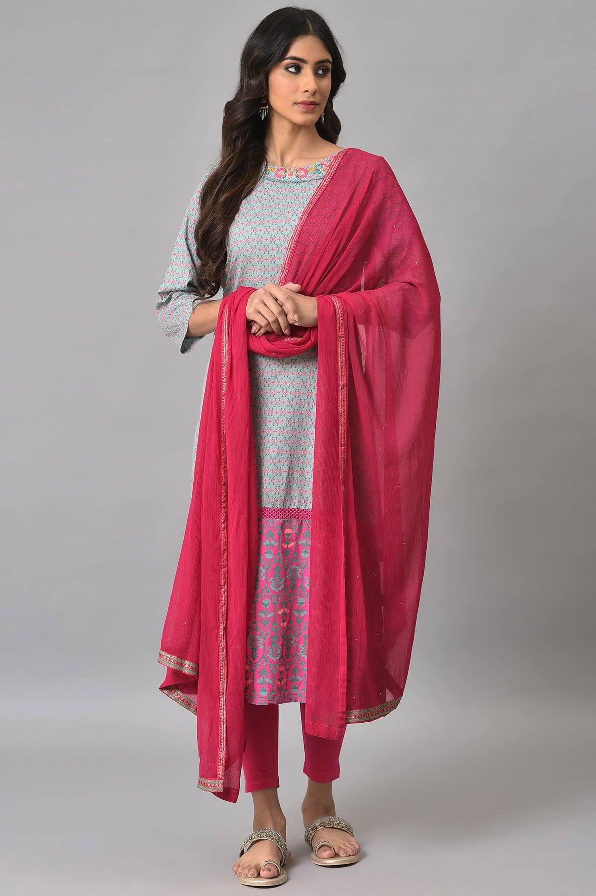 Blue Printed Round Neck kurta With Pink Tights And Dupatta - XS