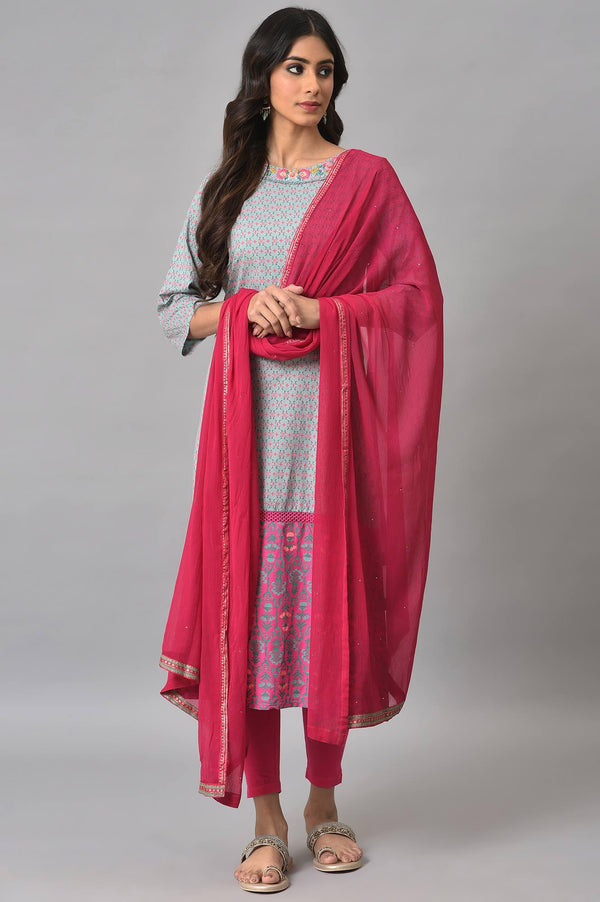 Blue Printed Round Neck kurta With Pink Tights And Dupatta