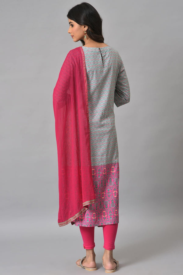 Blue Printed Round Neck kurta With Pink Tights And Dupatta