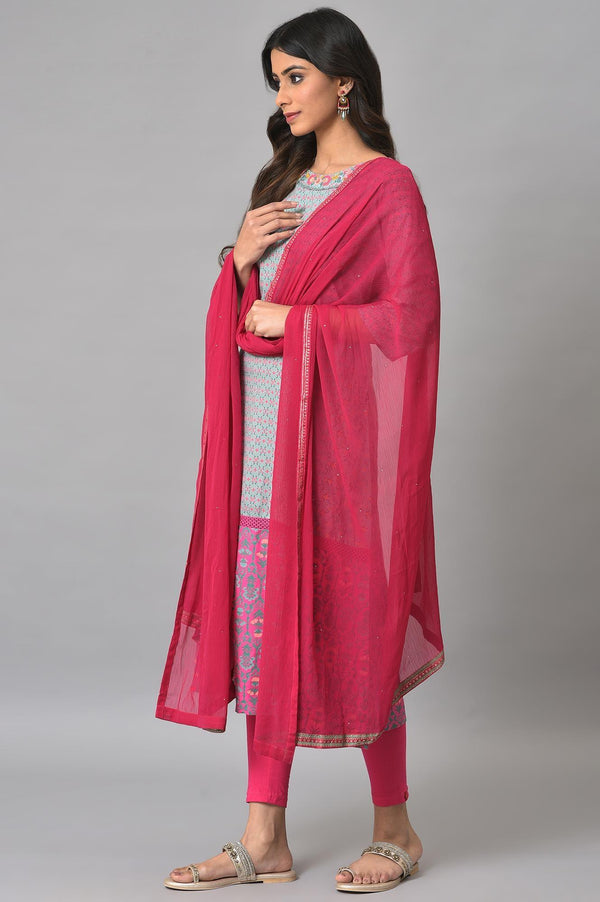 Blue Printed Round Neck kurta With Pink Tights And Dupatta