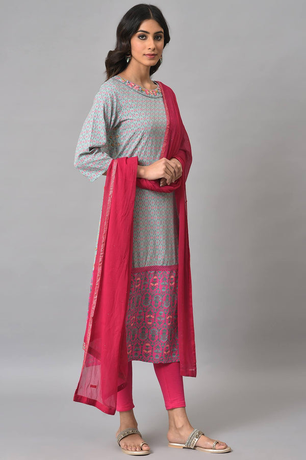 Blue Printed Round Neck kurta With Pink Tights And Dupatta