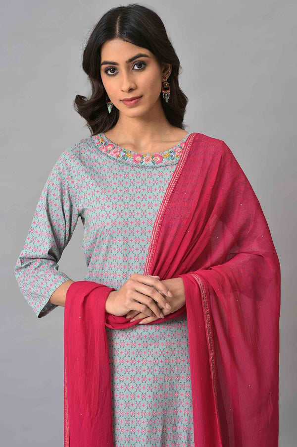 Blue Printed Round Neck kurta With Pink Tights And Dupatta