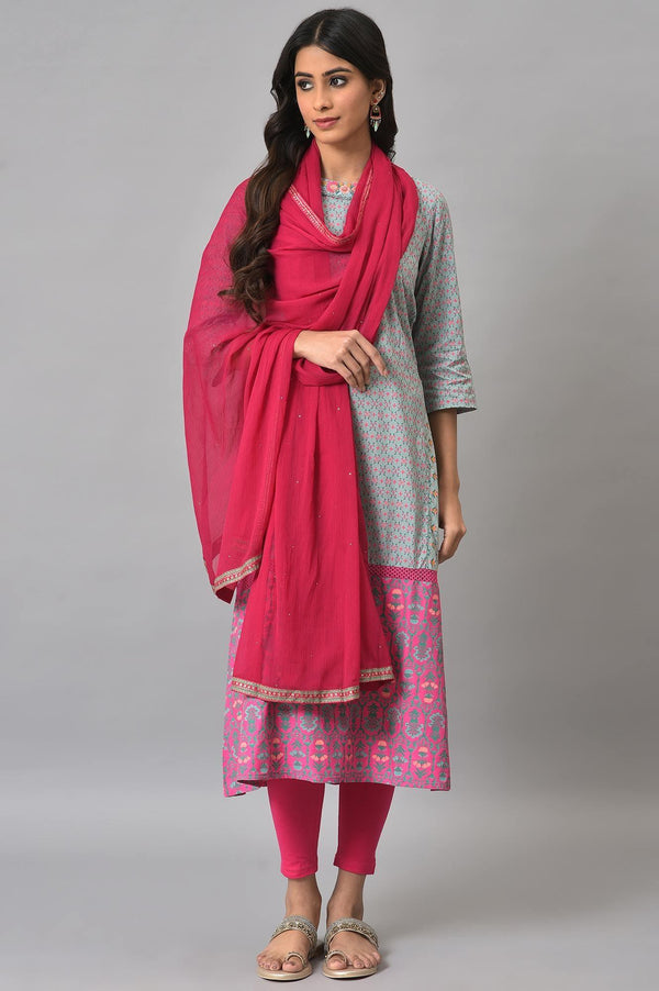 Blue Printed Round Neck kurta With Pink Tights And Dupatta