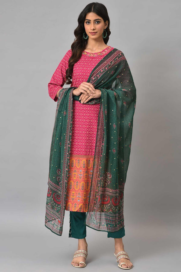 Dark Pink Boat Neck Embroidered kurta With Green Slim Pants And Printed Dupatta