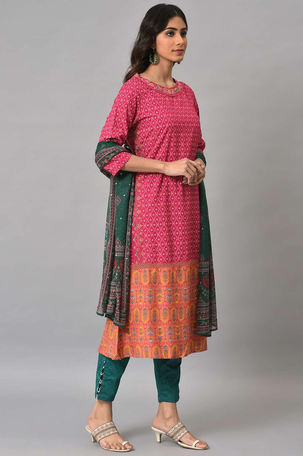 Dark Pink Boat Neck Embroidered kurta With Green Slim Pants And Printed Dupatta