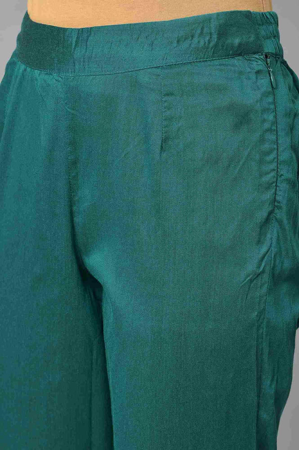 Dark Pink Boat Neck Embroidered kurta With Green Slim Pants And Printed Dupatta