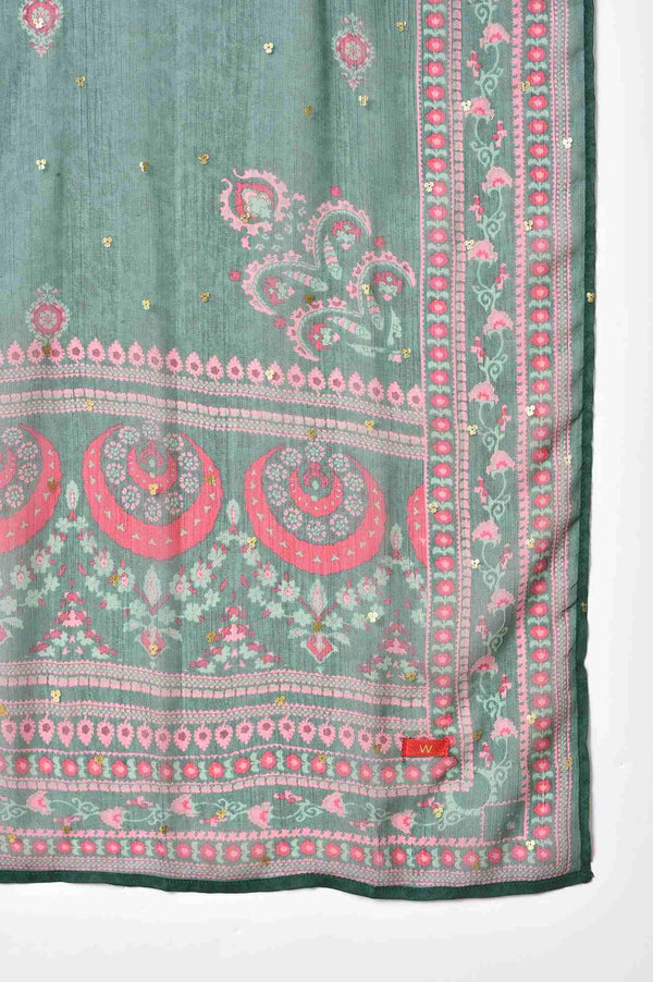 Dark Pink Boat Neck Embroidered kurta With Green Slim Pants And Printed Dupatta