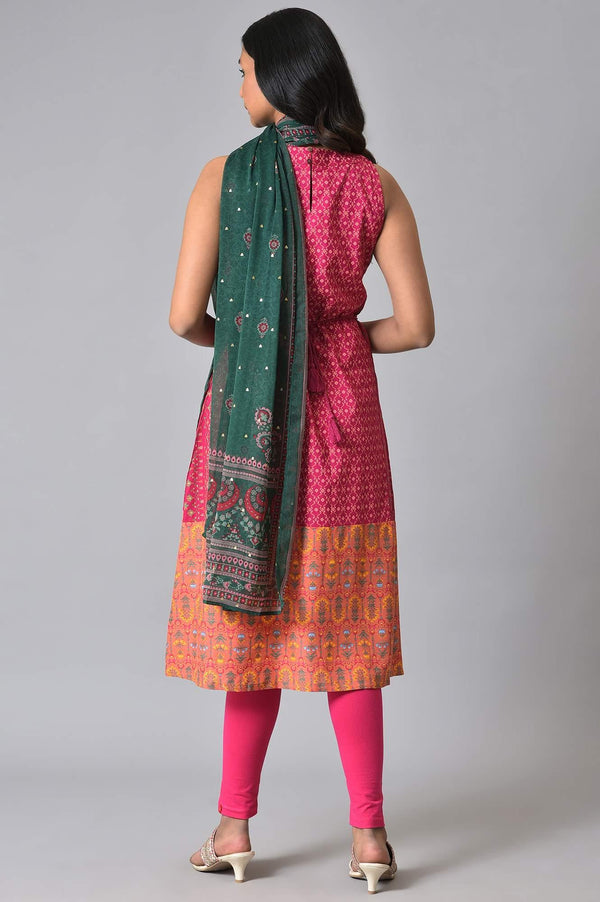 Dark Pink Embroidered kurta With Pink Tights And Green Chiffon Dupataa