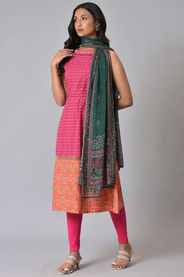 Dark Pink Embroidered kurta With Pink Tights And Green Chiffon Dupataa