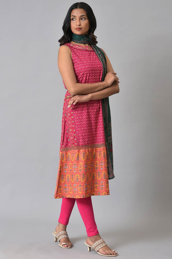 Dark Pink Embroidered kurta With Pink Tights And Green Chiffon Dupataa