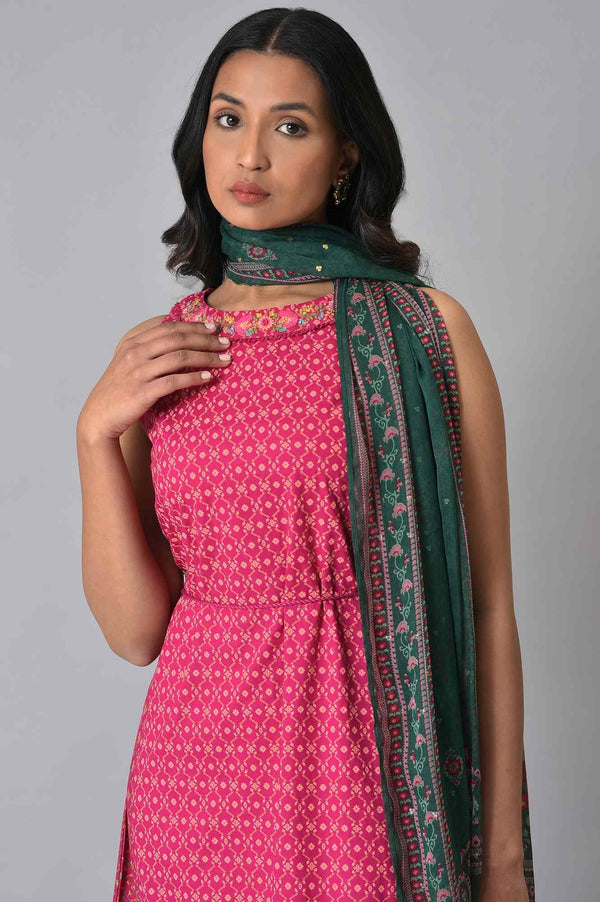 Dark Pink Embroidered kurta With Pink Tights And Green Chiffon Dupataa