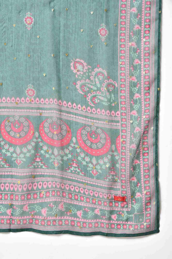 Dark Pink Embroidered kurta With Pink Tights And Green Chiffon Dupataa