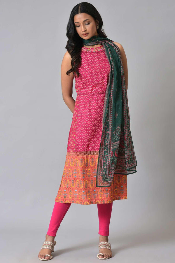 Dark Pink Embroidered kurta With Pink Tights And Green Chiffon Dupataa