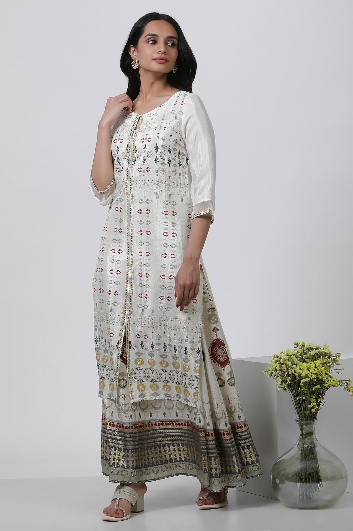 White Glitter Printed Kurta And Skirt Set - XS