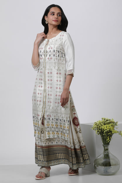White Glitter Printed Kurta And Skirt Set