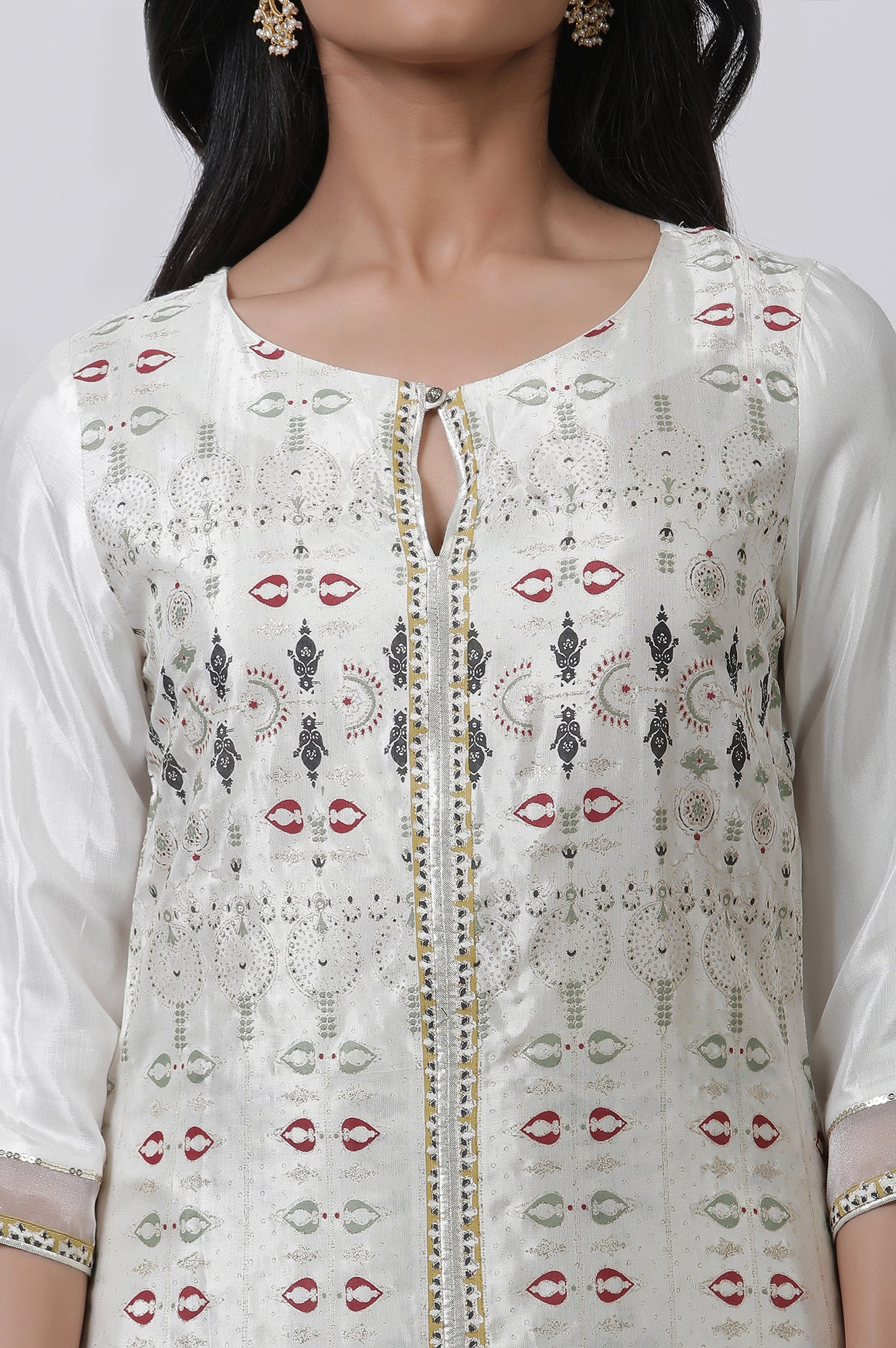 White Glitter Printed Kurta And Skirt Set