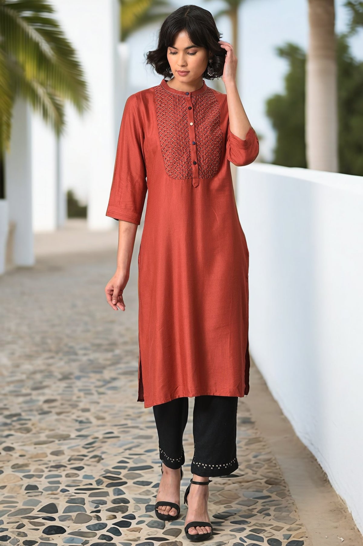 Brick Red Thread Embroidered Kurta Set with Black Pants - S