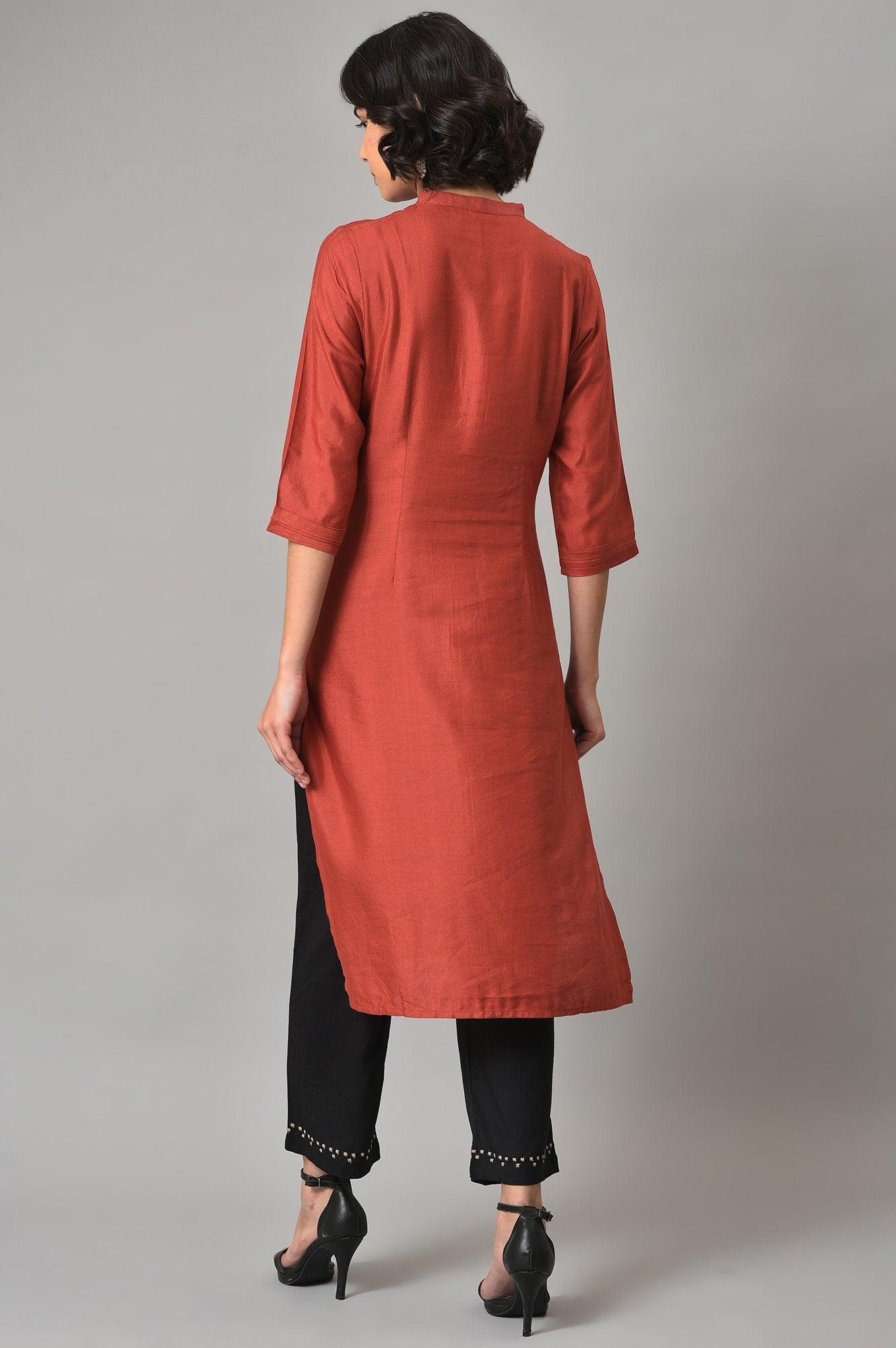 Brick Red Thread Embroidered kurta With Black Straight Pants - wforwoman