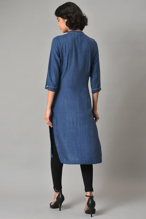 Blue Stripes Printed A-Line kurta With Black Tights