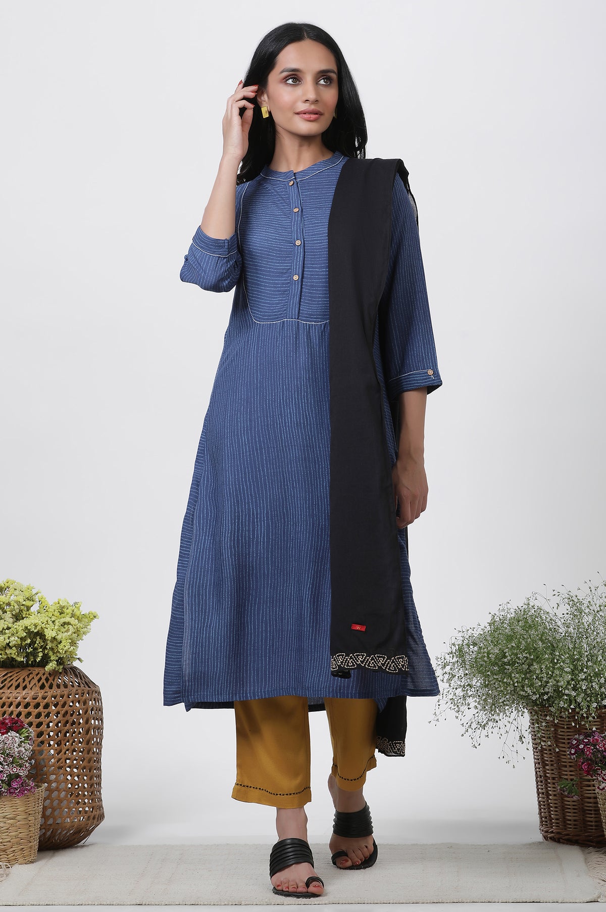 Blue Striped Kurta, Pants And Dupatta Set - XS