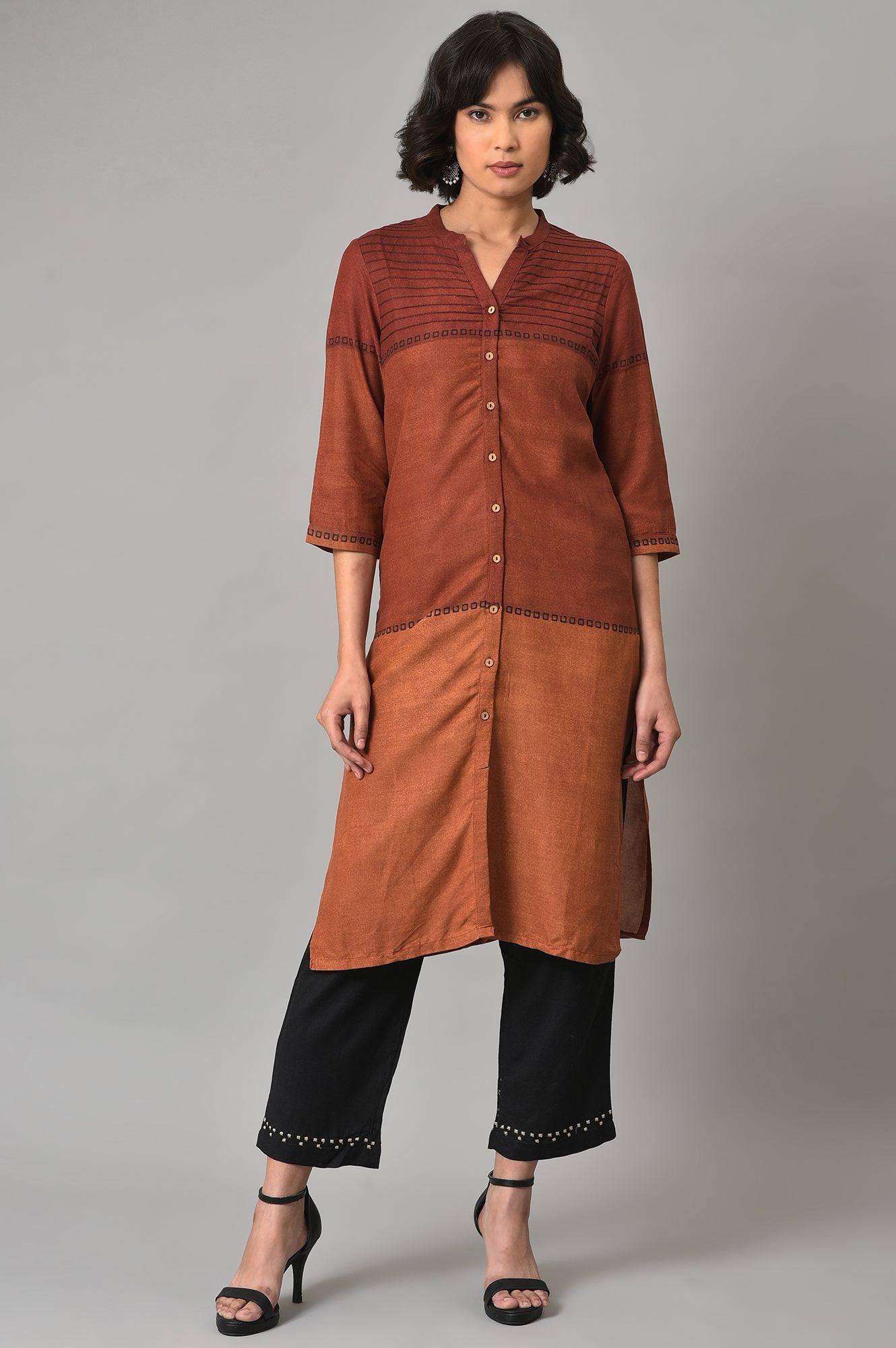 Red Printed Mandarin Collar kurta With Black Straight Pants - wforwoman