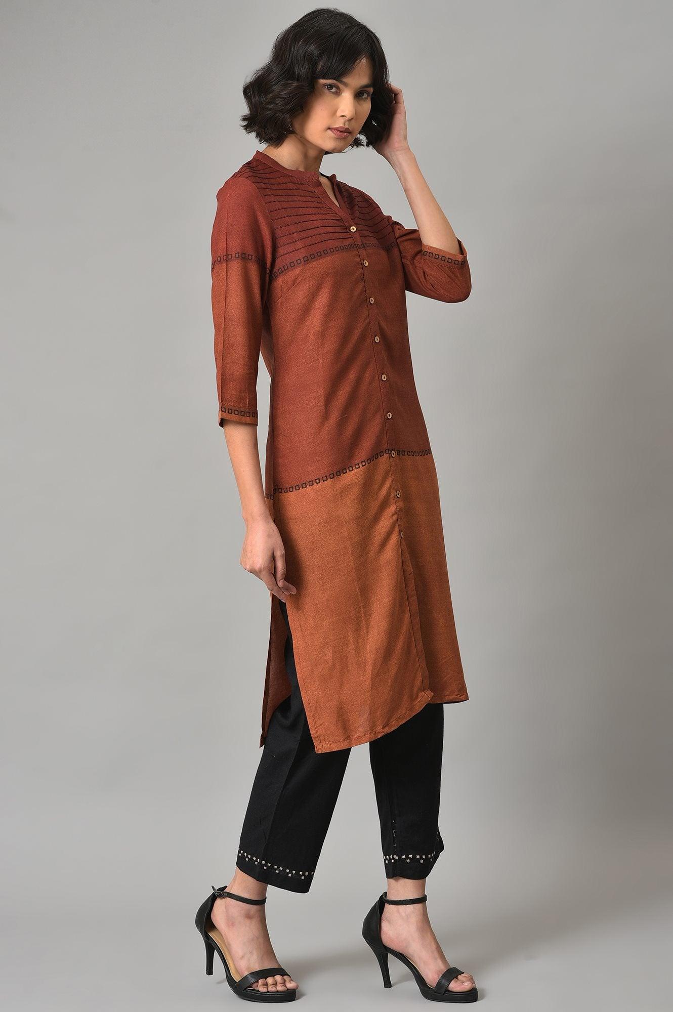 Red Printed Mandarin Collar kurta With Black Straight Pants - wforwoman