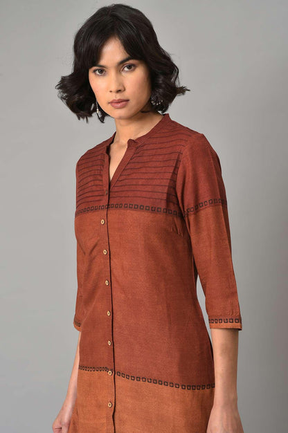 Red Printed Mandarin Collar kurta With Black Straight Pants - wforwoman