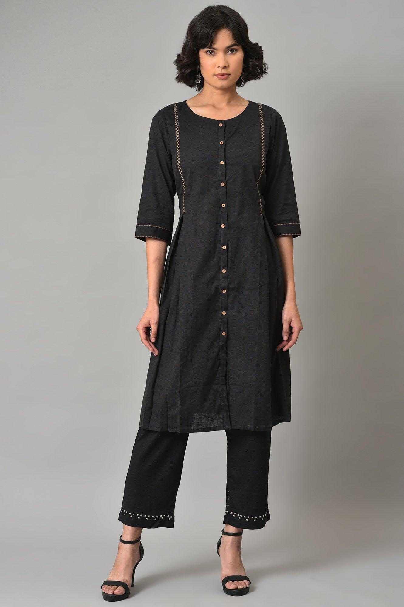 Black A-Line Box Pleated kurta With Straight Pants - wforwoman