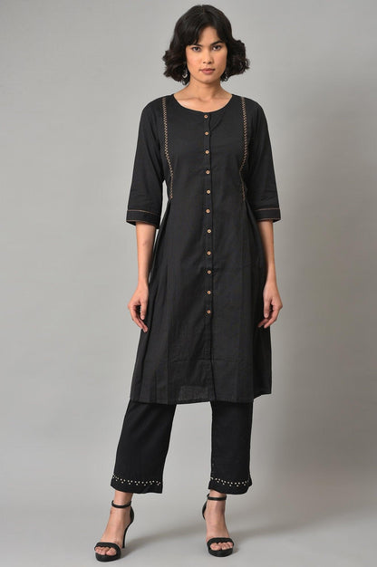 Black A-Line Box Pleated kurta With Straight Pants - wforwoman