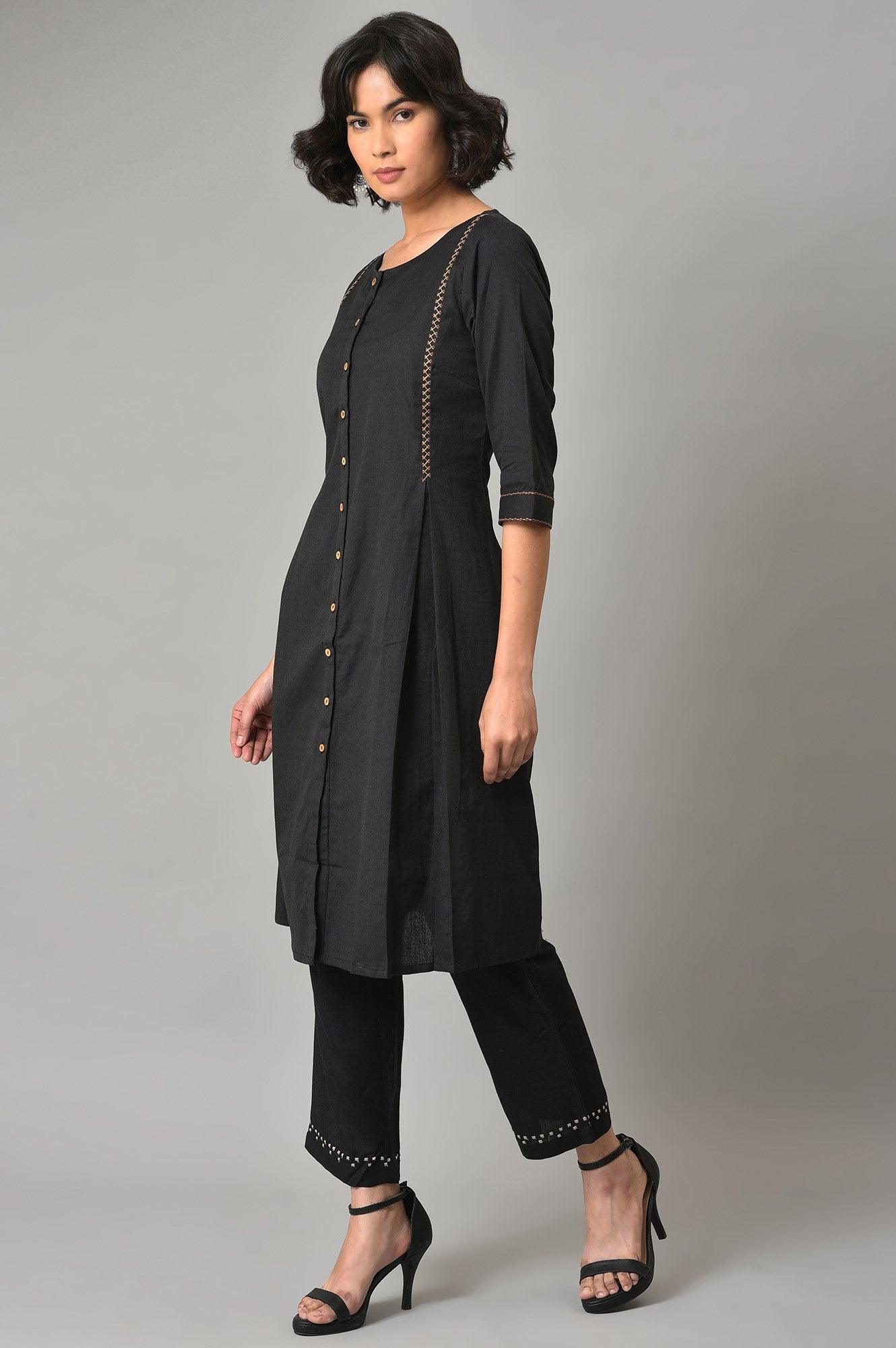 Black A-Line Box Pleated kurta With Straight Pants - wforwoman