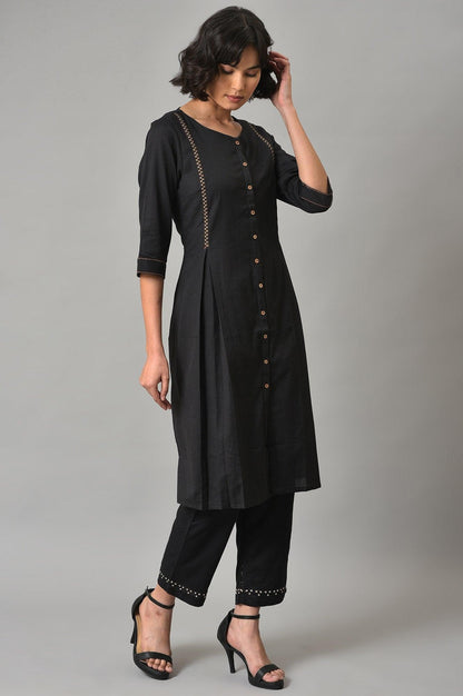 Black A-Line Box Pleated kurta With Straight Pants - wforwoman
