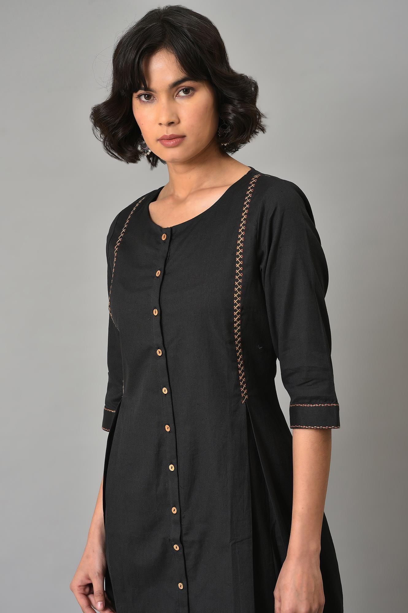 Black A-Line Box Pleated kurta With Straight Pants - wforwoman
